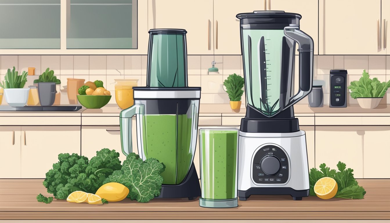 A blender with frozen and fresh kale, surrounded by assorted smoothie ingredients on a kitchen counter