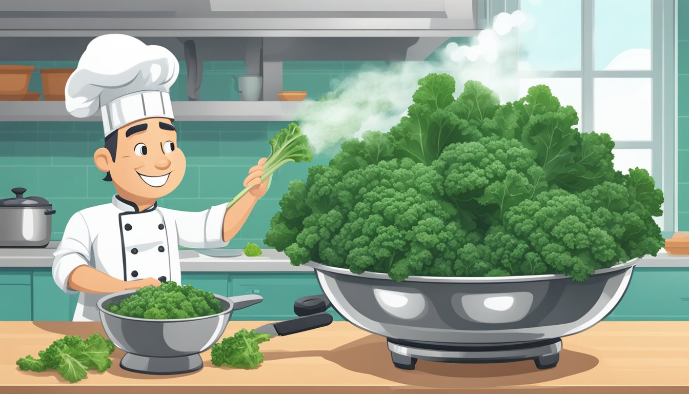 A chef steaming fresh kale next to a pile of frozen kale in a kitchen, showcasing the nutritional impact of preparation methods