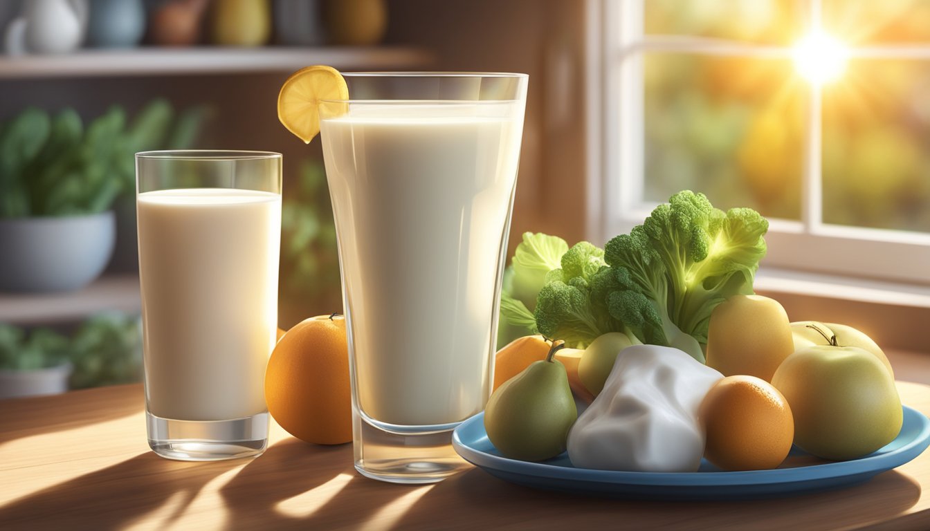 A glass of fresh milk and a glass of frozen milk sit on a wooden table, surrounded by various fruits and vegetables. The sun shines through a nearby window, casting a warm glow on the scene