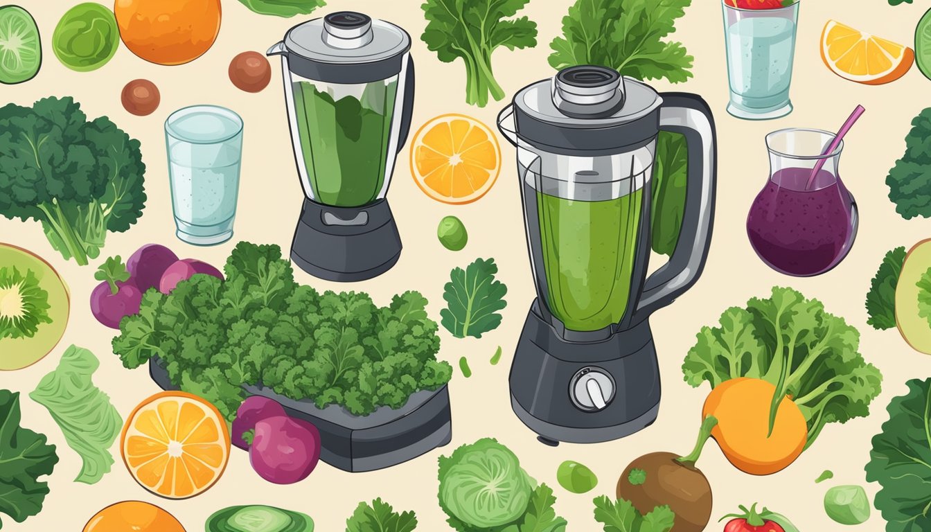 A blender with fresh and frozen kale, a cutting board with kale leaves, and a smoothie glass surrounded by various fruits and vegetables