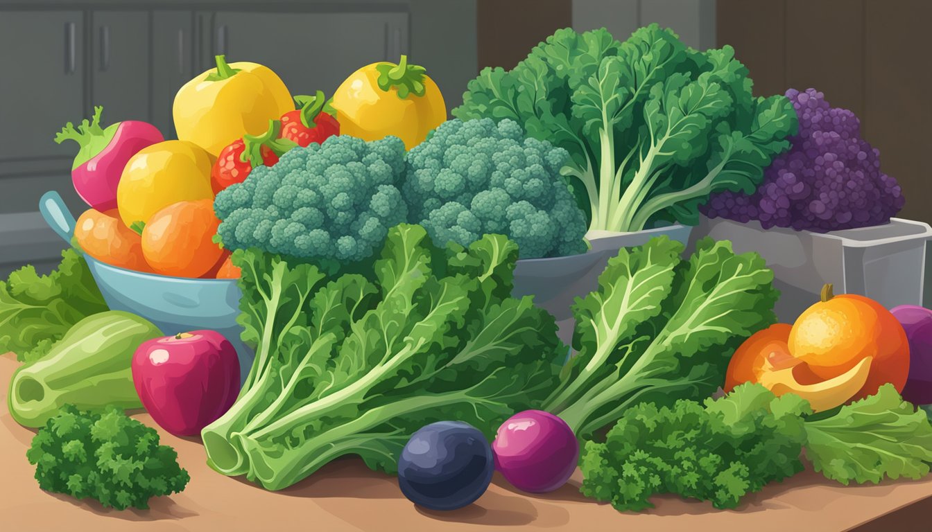 A vibrant bunch of fresh kale and a bag of frozen kale sit side by side on a kitchen counter, surrounded by colorful fruits and vegetables. The fresh kale is crisp and green, while the frozen kale is neatly packed and surrounded by frost