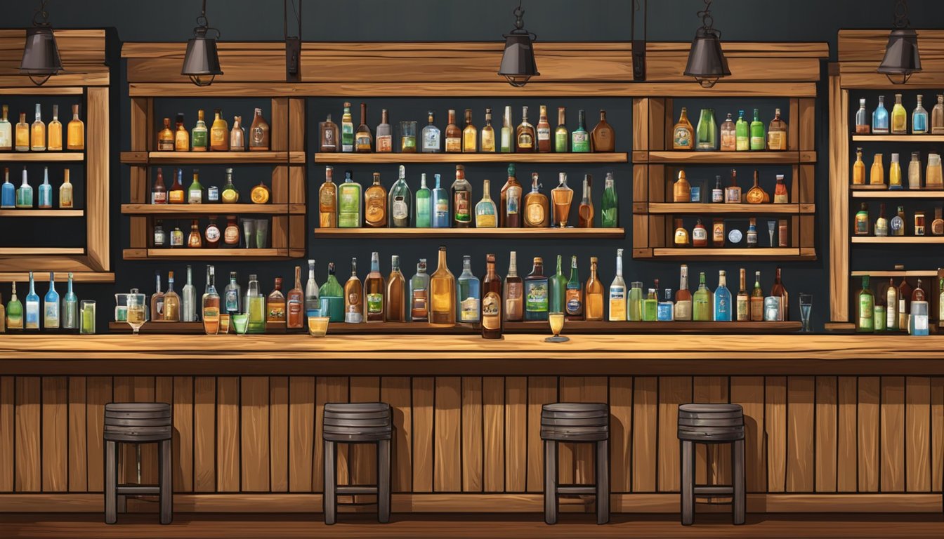 A rustic bar with Texas decor and shelves stocked with various alcoholic beverages