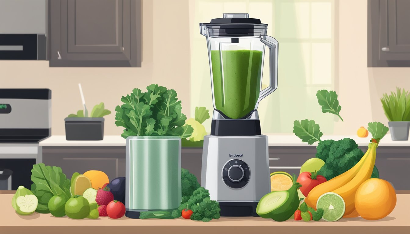 A blender filled with both fresh and frozen kale surrounded by various fruits and vegetables, with a smoothie pouring out into a glass