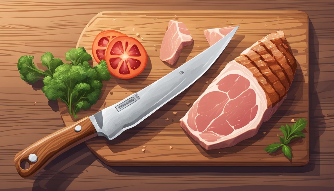 A butcher's knife slicing through a half-frozen pork chop, with the other half displayed fresh on a wooden cutting board