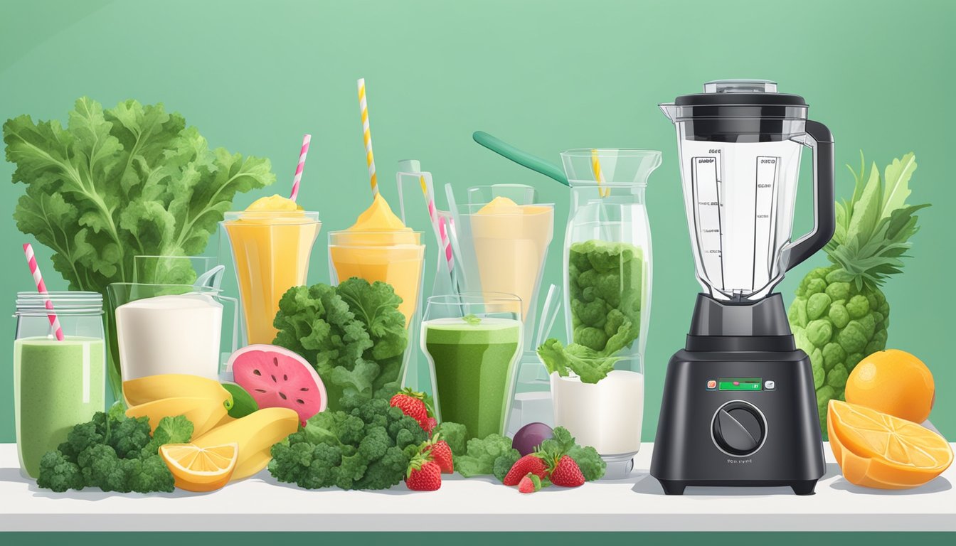 A blender with frozen kale and fresh kale, surrounded by various smoothie ingredients like fruit, yogurt, and milk