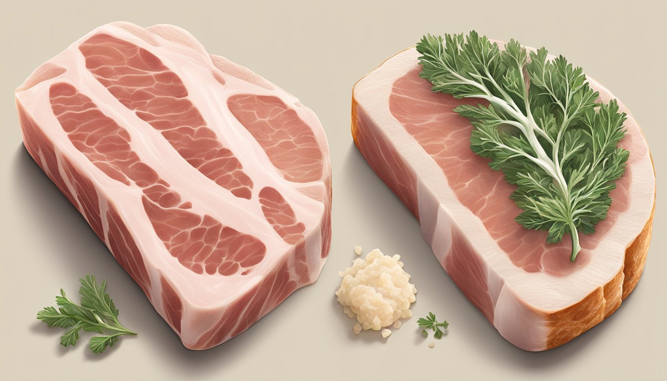 A side-by-side comparison of a frozen and fresh pork chop, highlighting the difference in texture and color. The fresh chop appears juicy and vibrant, while the frozen chop looks dull and icy