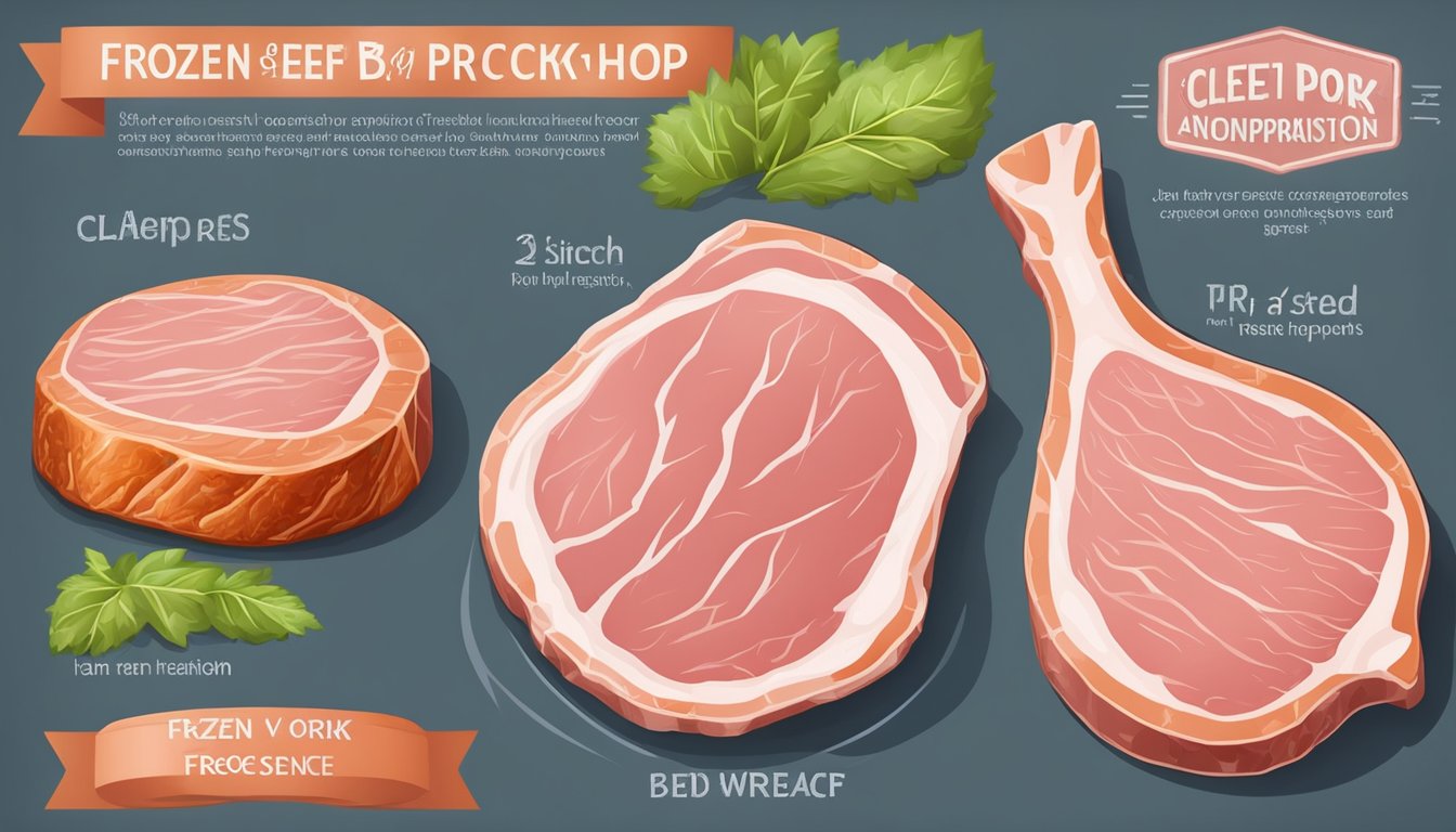 A side-by-side comparison of a frozen and fresh pork chop, with condensation on the frozen meat and vibrant color on the fresh cut