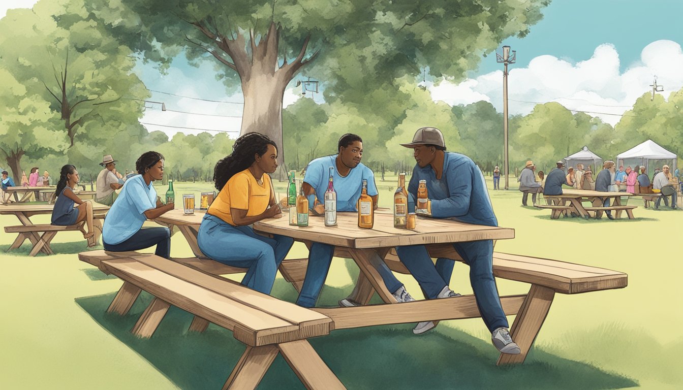 A group of people sitting at a picnic table in a park, with signs displaying the alcohol and drinking laws of Angelina County, Texas