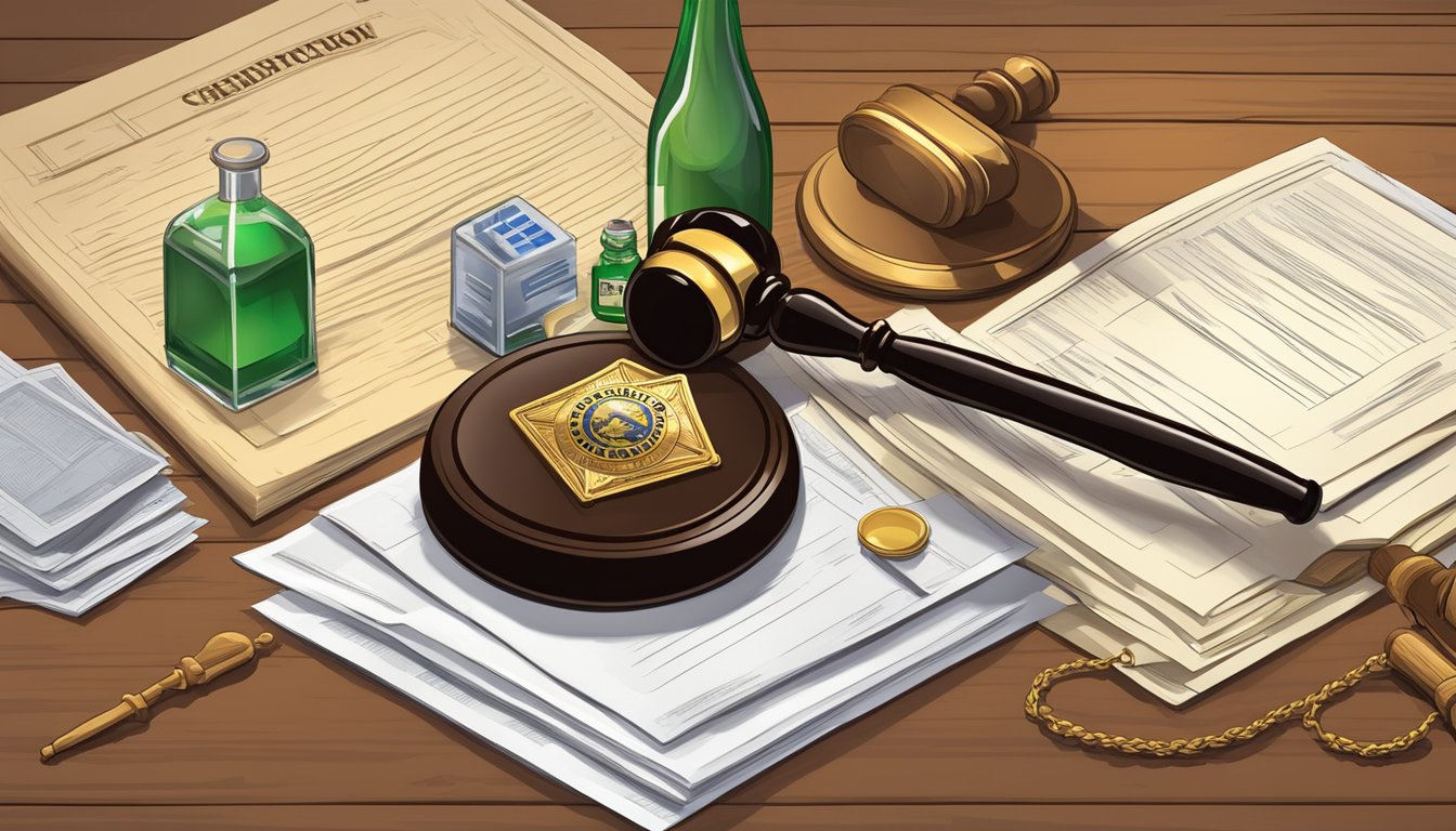 A sheriff's badge and a gavel on a courtroom desk, with a stack of legal documents and a bottle of alcohol