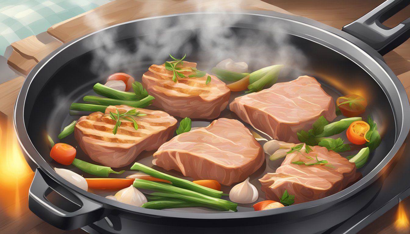 A sizzling pan cooks both fresh and frozen pork, emitting steam and a mouthwatering aroma