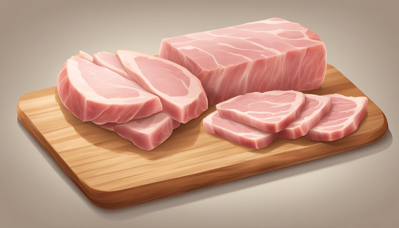 A clear comparison between fresh and frozen pork, with fresh pork displayed on a clean cutting board and frozen pork in a sealed package