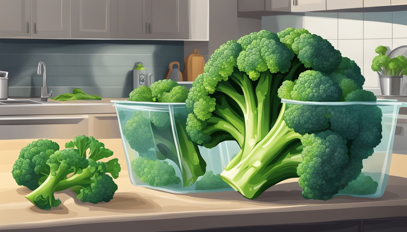 Fresh broccoli sits on a kitchen counter, vibrant and crisp. Beside it, frozen broccoli is stored in a sealed bag in the freezer