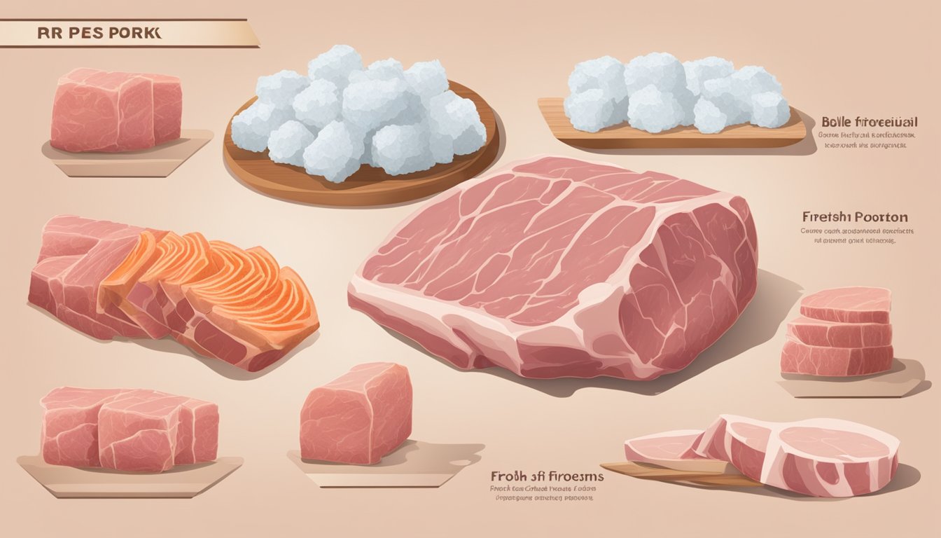 A table displaying various cuts of fresh and frozen pork, with labels indicating the differences in texture and juiciness