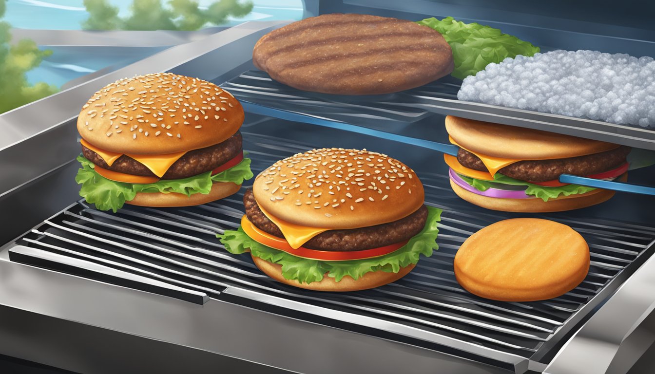 A sizzling grill with frozen and fresh hamburger patties side by side. The frozen patty is icy and solid, while the fresh patty is juicy and vibrant in color