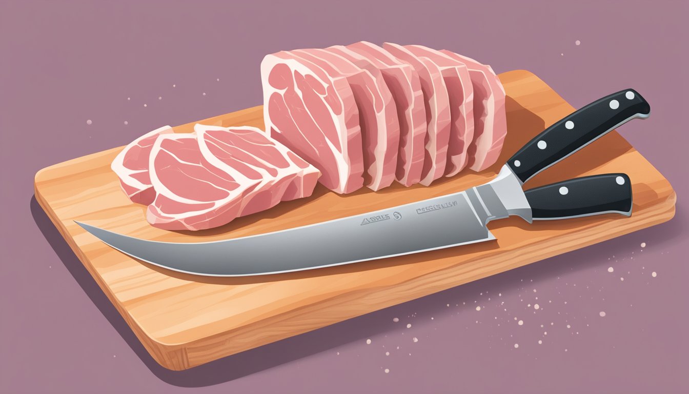 A side-by-side comparison of fresh and frozen pork on a cutting board, with a knife slicing through both to show the juiciness of each