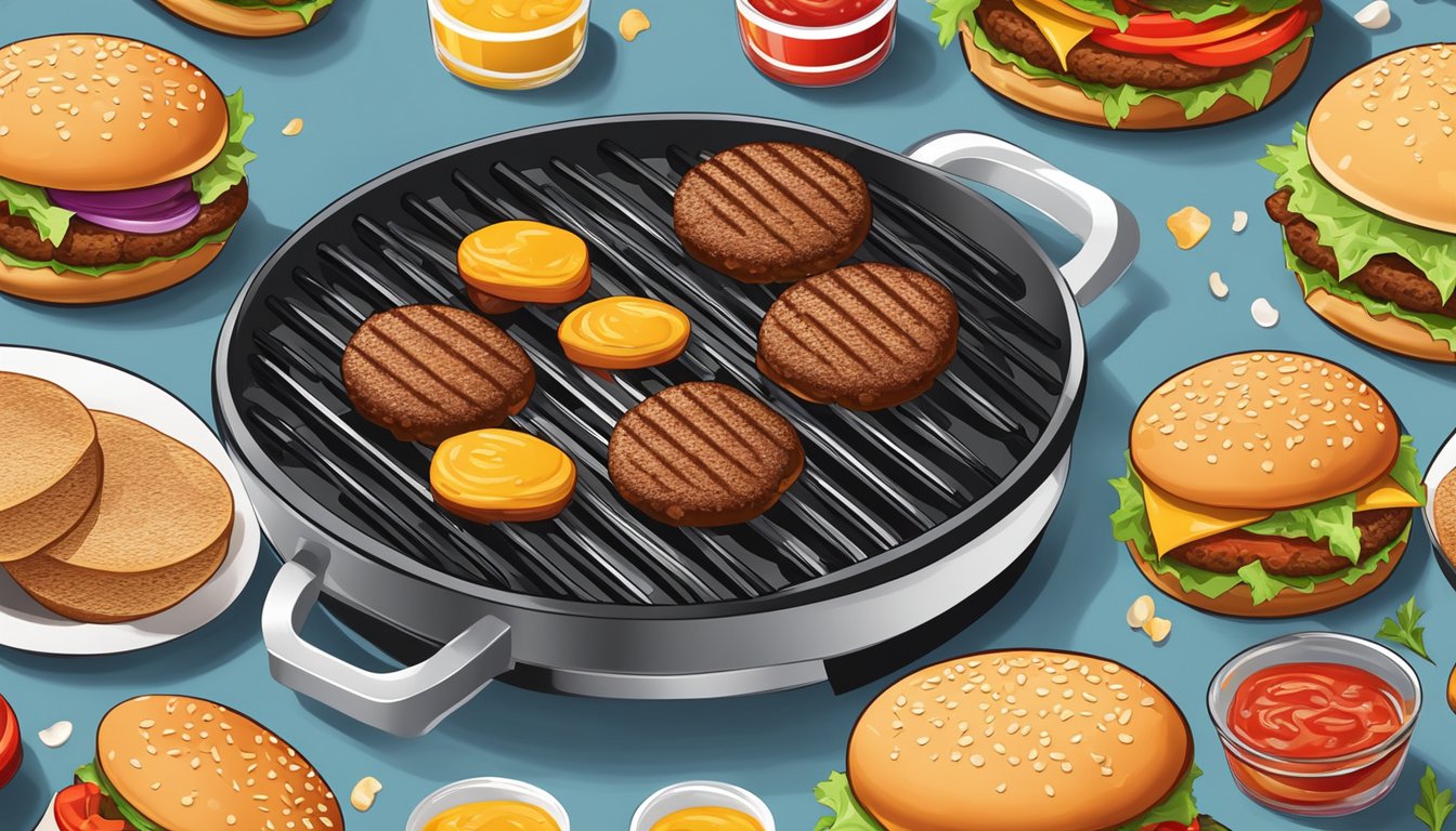 A sizzling grill with a row of frozen and fresh hamburger patties, surrounded by condiments and buns