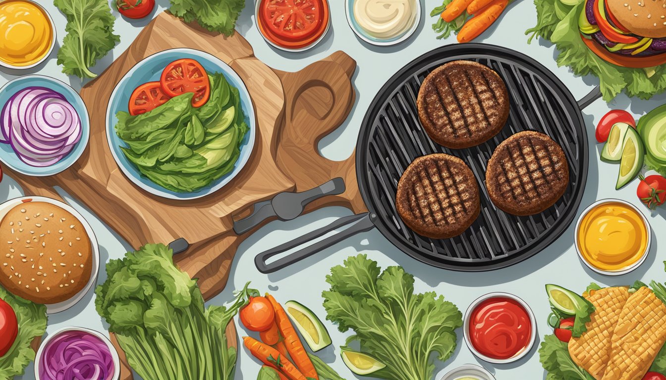 A sizzling grill with a frozen and fresh hamburger patty side by side, surrounded by colorful vegetables and condiments