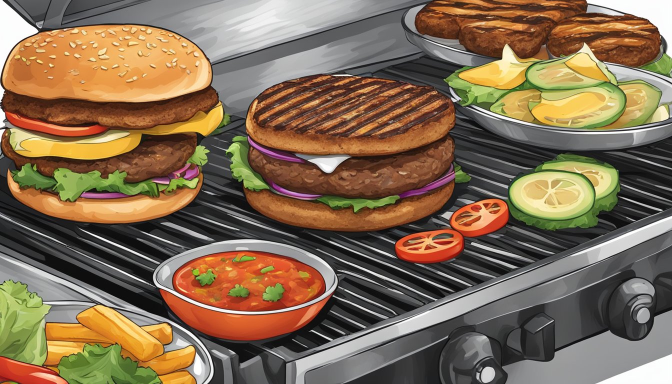 A sizzling grill with two patties, one frozen and one fresh, surrounded by various seasonings and flavor profiles