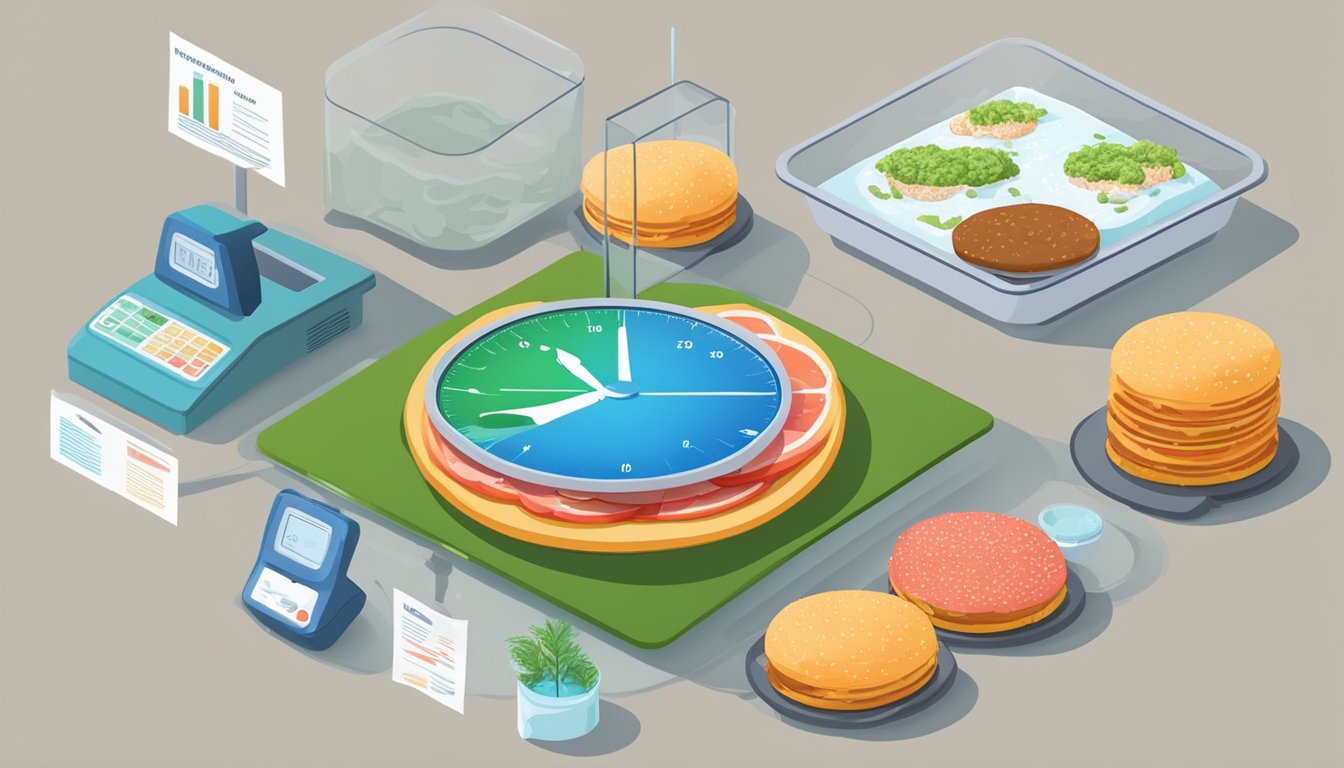 A scale weighing frozen and fresh hamburger patties, surrounded by images of environmental impact and cost analysis charts