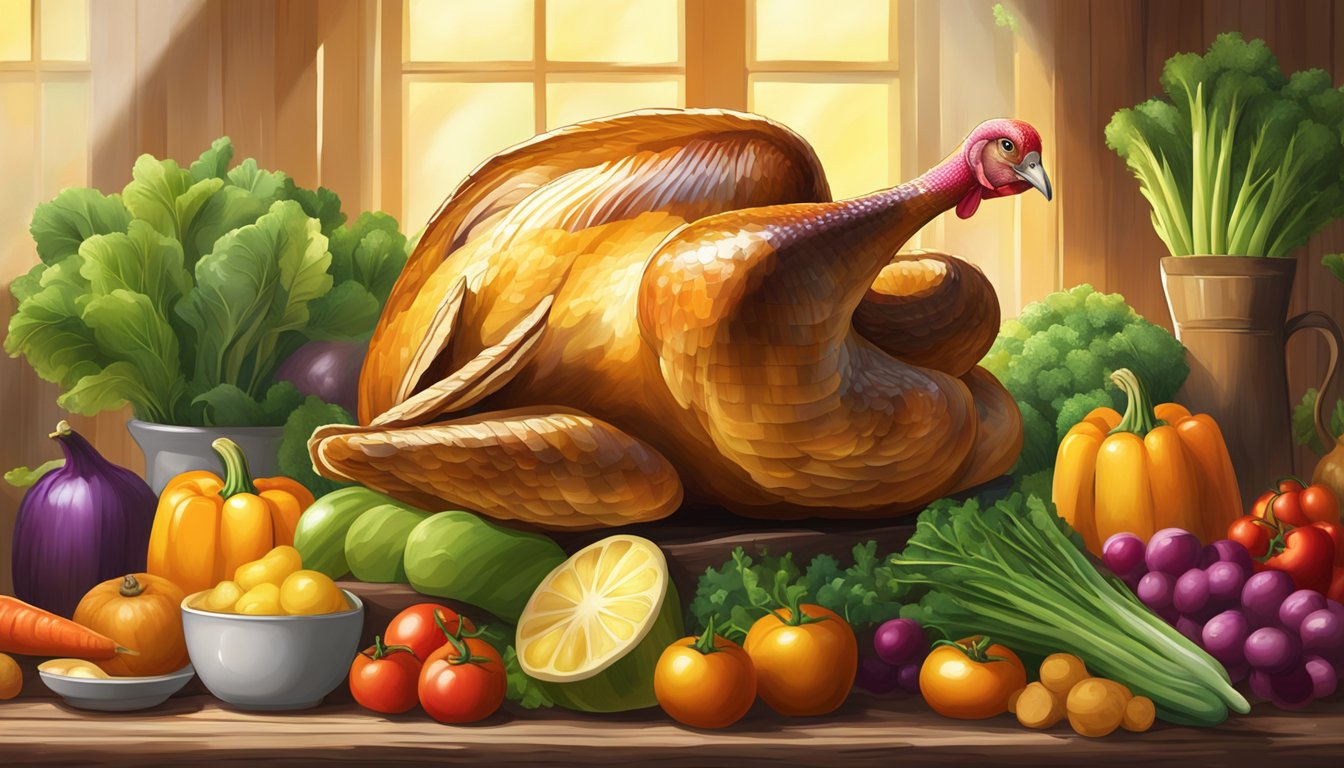 A plump, golden turkey sits on a rustic wooden table, surrounded by vibrant, fresh vegetables. A beam of sunlight highlights its moist, succulent texture