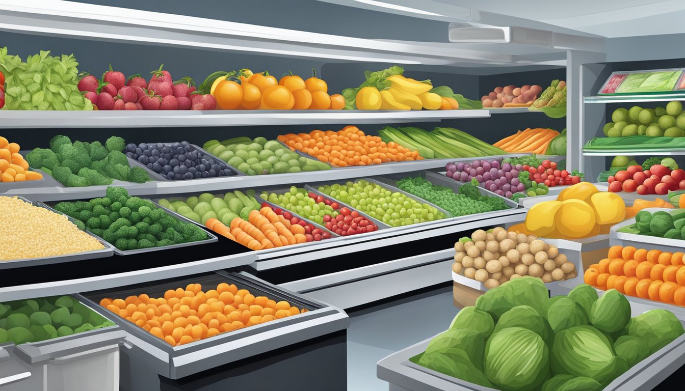 A vibrant display of fresh fruits and vegetables next to a freezer filled with various frozen food options. The contrast highlights the choice between nutrition and convenience