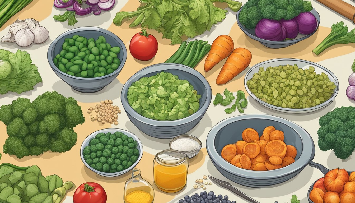 A kitchen counter with a variety of fresh and frozen vegetables, along with cooking utensils and a cutting board, showcasing the differences in texture and color