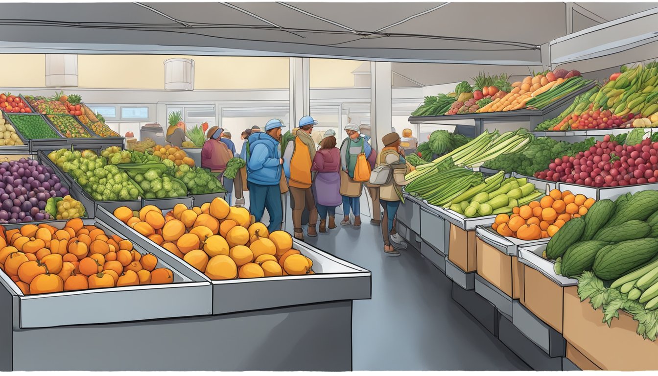 A bustling farmer's market with vibrant, seasonal produce on display next to a freezer section filled with frozen fruits and vegetables