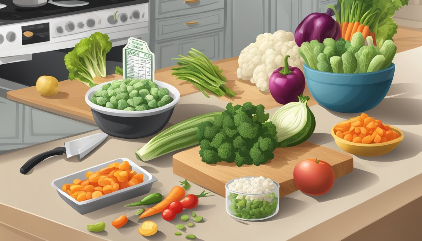 A kitchen counter with a variety of fresh and frozen vegetables, a nutrition label, a price tag, and a chef's knife