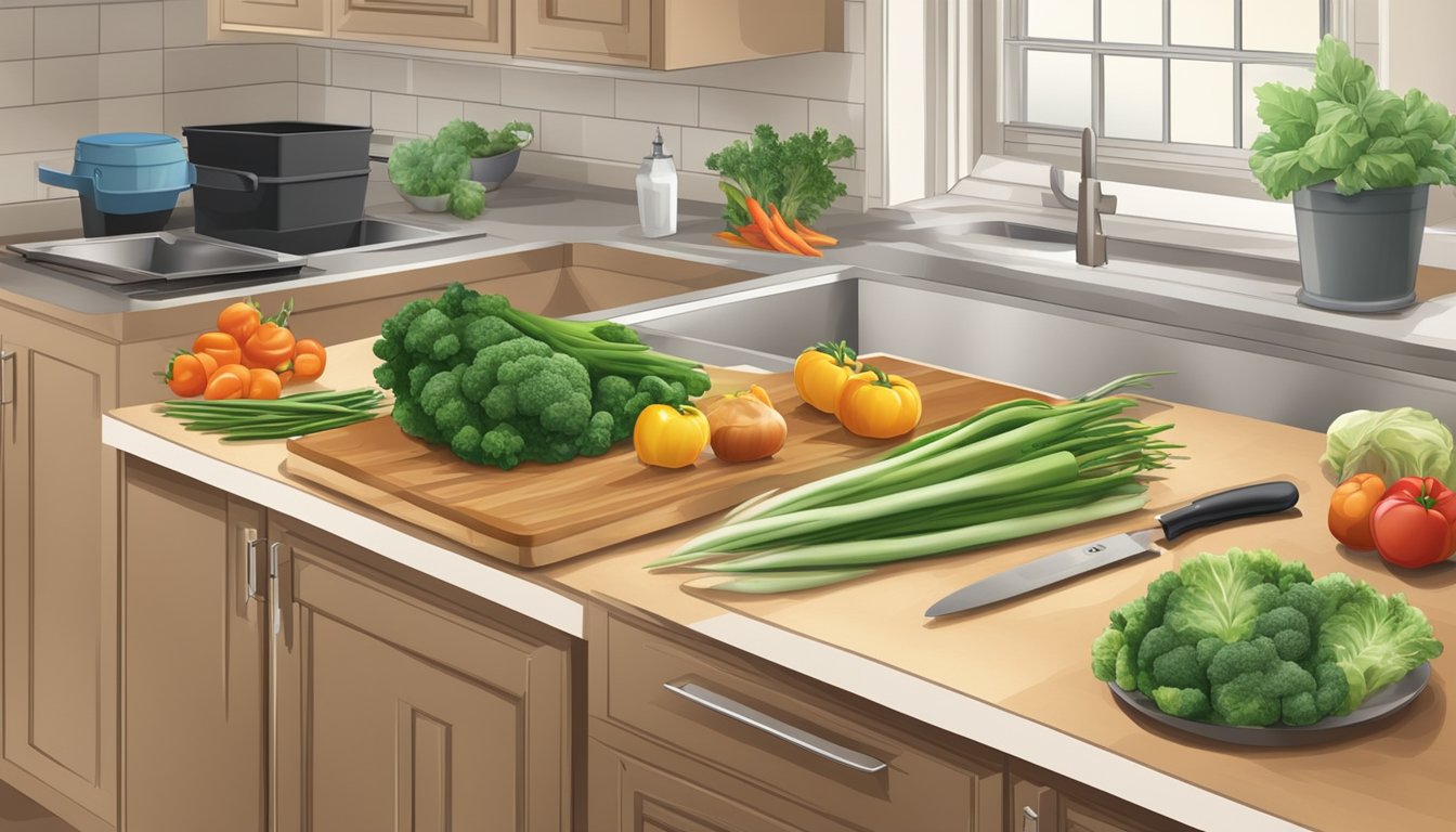 A kitchen counter with a variety of fresh and frozen vegetables, a cutting board, knife, and cooking utensils. A compost bin and recycling bin nearby