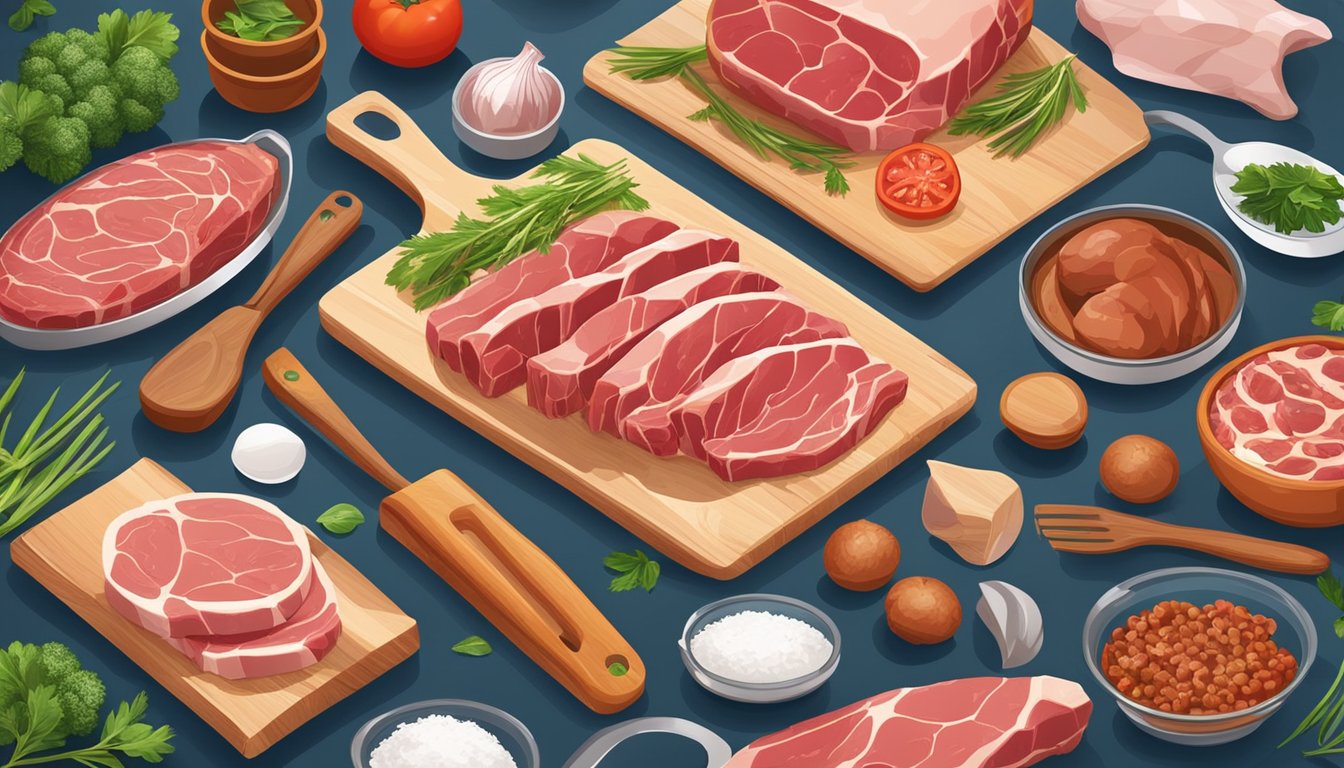 A kitchen counter with fresh and frozen cuts of meat, surrounded by various cooking utensils and ingredients