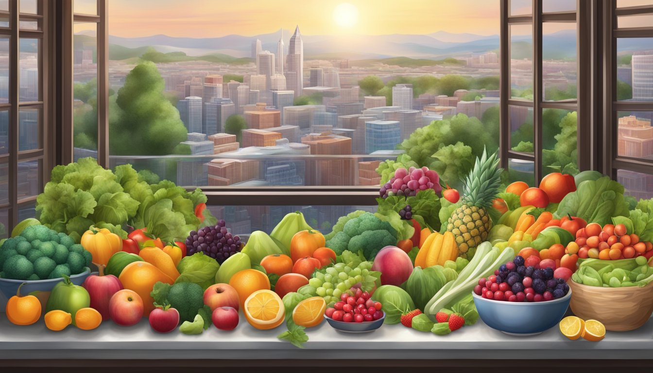 A table with fresh and frozen fruits and vegetables, surrounded by a pristine natural environment and a bustling urban cityscape