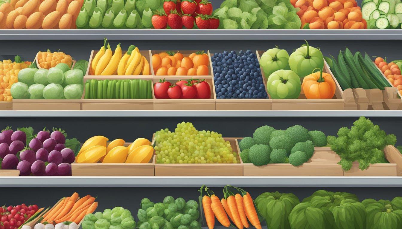 A grocery store display with fresh and frozen produce side by side, showcasing a variety of fruits and vegetables