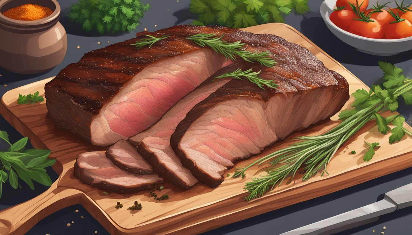 A juicy, marbled brisket sits on a cutting board next to a pile of fresh herbs and spices. Steam rises from the meat, indicating its freshness