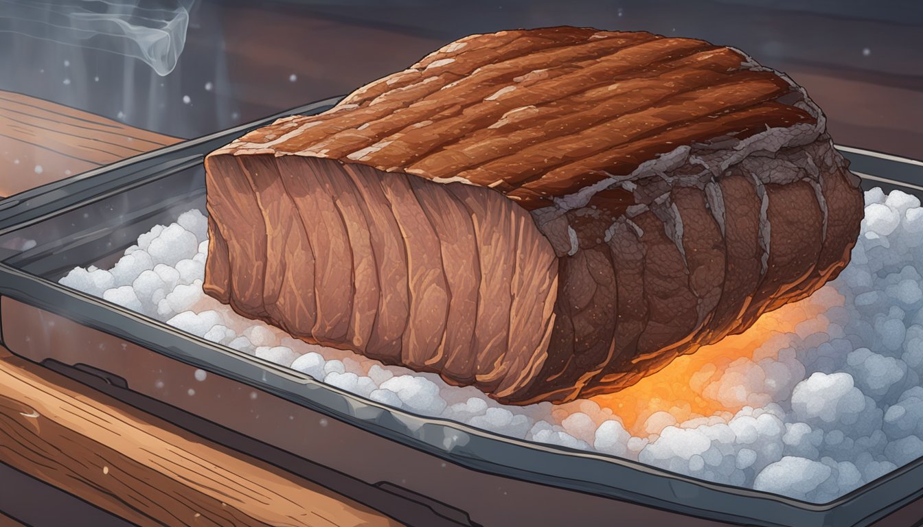 A juicy, sizzling brisket sits on a grill next to a frozen slab. Steam rises from the cooked meat, while frost clings to the frozen brisket, highlighting the difference between fresh and frozen