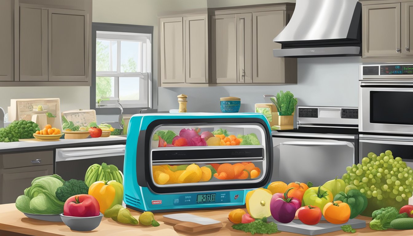 A kitchen counter displays fresh and frozen produce, with vibrant colors and textures. A scale and price tags highlight cost differences, while a timer and microwave emphasize convenience