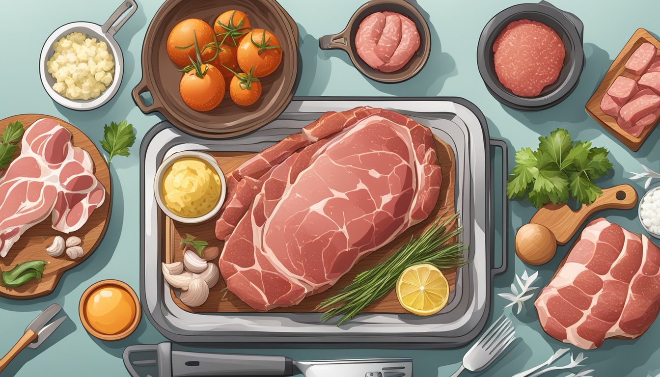 A kitchen counter with a variety of fresh and frozen meats, surrounded by cooking utensils and ingredients, representing the choice between fresh and frozen meat consumption