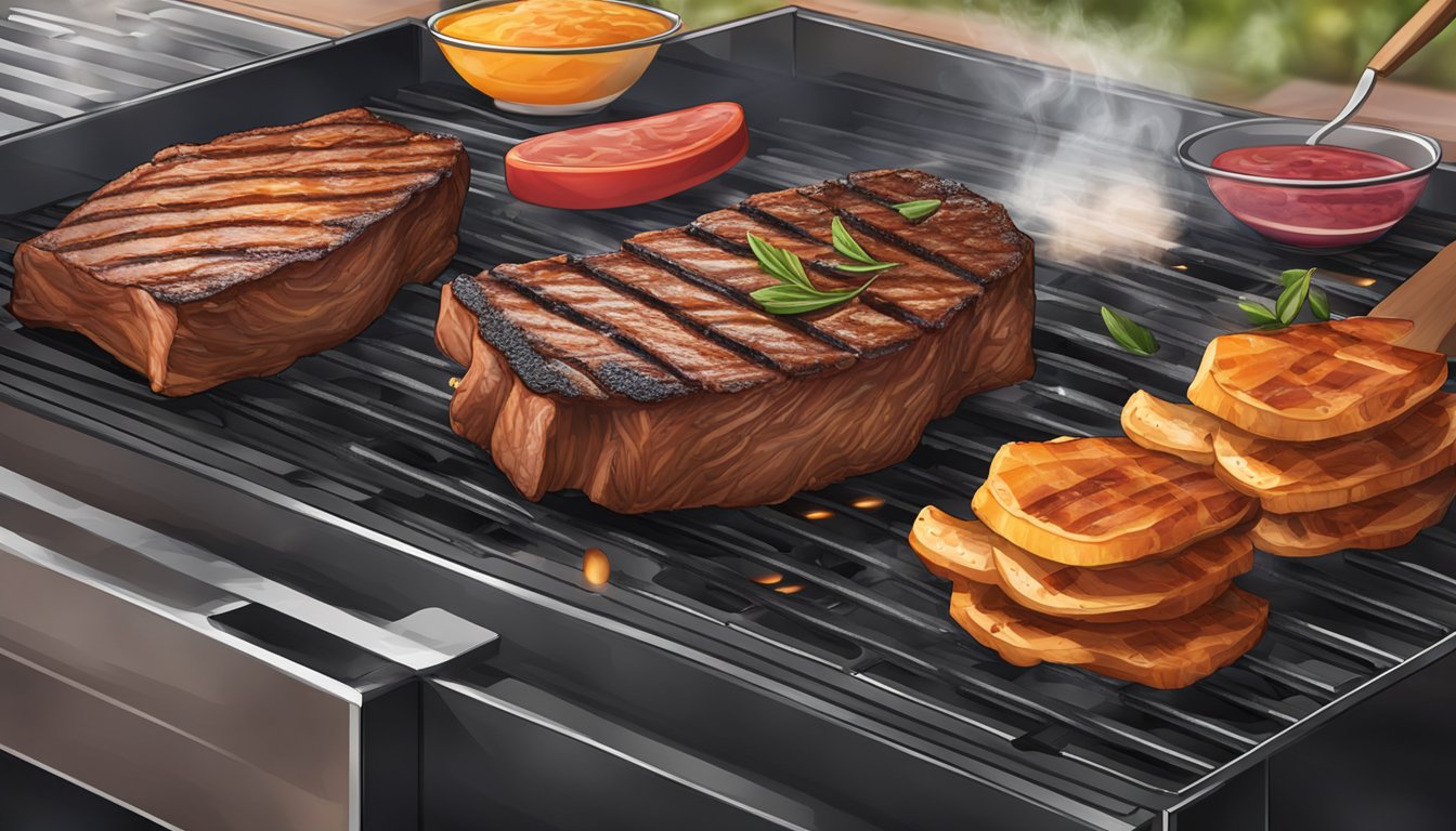 A sizzling grill with two brisket cuts side by side, one fresh and the other frozen, releasing aromatic smoke and juices