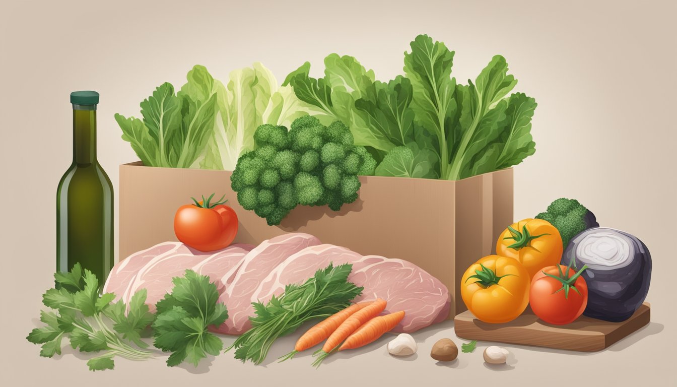 A kitchen counter with fresh vegetables and herbs next to a package of frozen meat