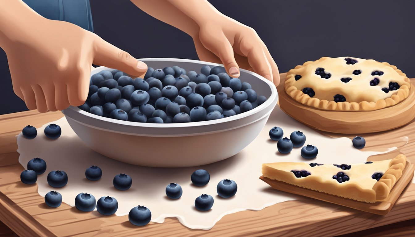 A hand reaching for a bowl of fresh and frozen blueberries, a pie crust and a rolling pin on a wooden table