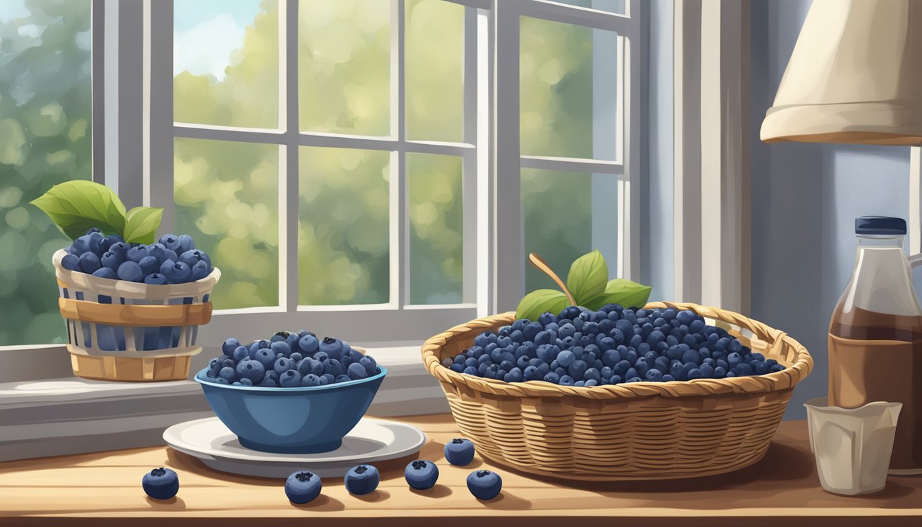 A hand-picked basket of fresh blueberries sits next to a bag of frozen blueberries, with a freshly baked pie cooling on a windowsill