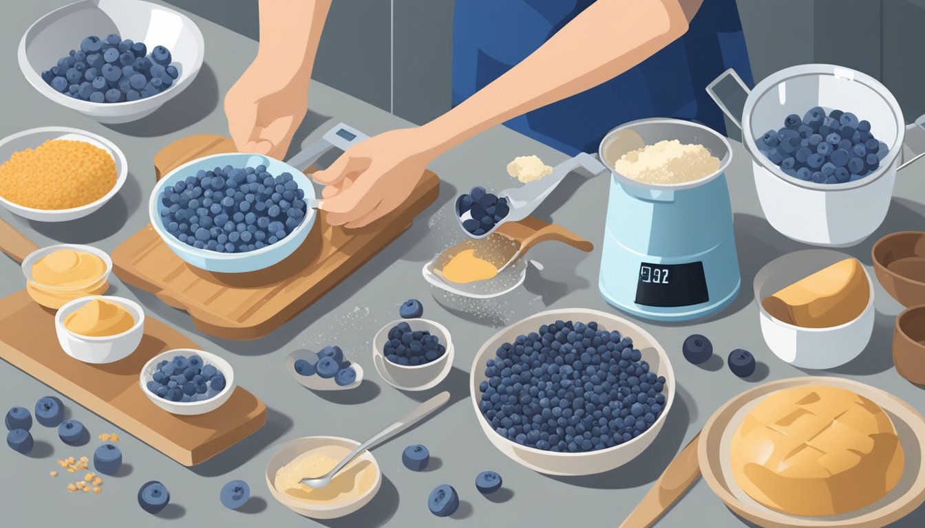 A person weighing fresh and frozen blueberries in a kitchen, surrounded by pie ingredients and utensils