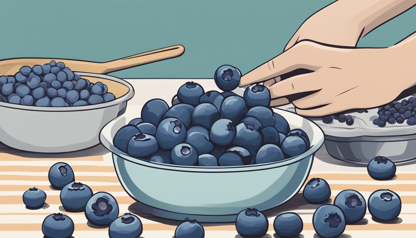 A hand reaching for a plump, juicy fresh blueberry while a pile of frozen blueberries sits nearby. A mixing bowl and muffin tin are in the background