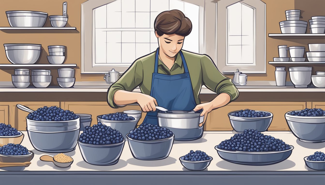 A baker carefully measures out fresh and frozen blueberries, surrounded by mixing bowls, measuring cups, and a muffin tin