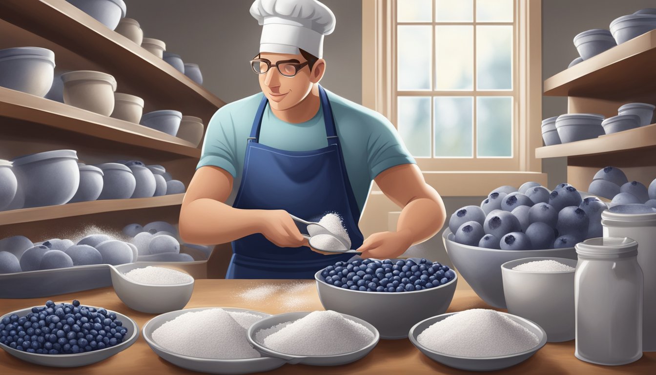 A baker carefully selects plump, fresh blueberries and arranges them next to a bag of frozen blueberries, surrounded by bowls of flour and sugar