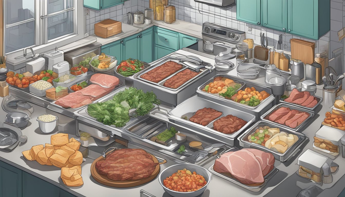 A kitchen counter with fresh and frozen meat packages, surrounded by various cooking utensils and containers. Reddit comments on convenience and taste are shown in a speech bubble above