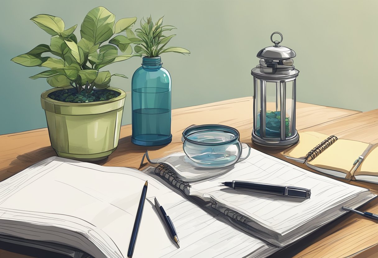 A cluttered desk with a plant, water bottle, and open journal. A clock shows the passage of time