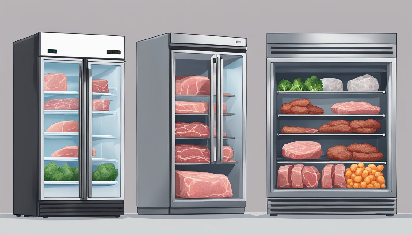 A freezer and refrigerator side by side, with fresh meat on one shelf and frozen meat on the other. Reddit comments debating taste and convenience above