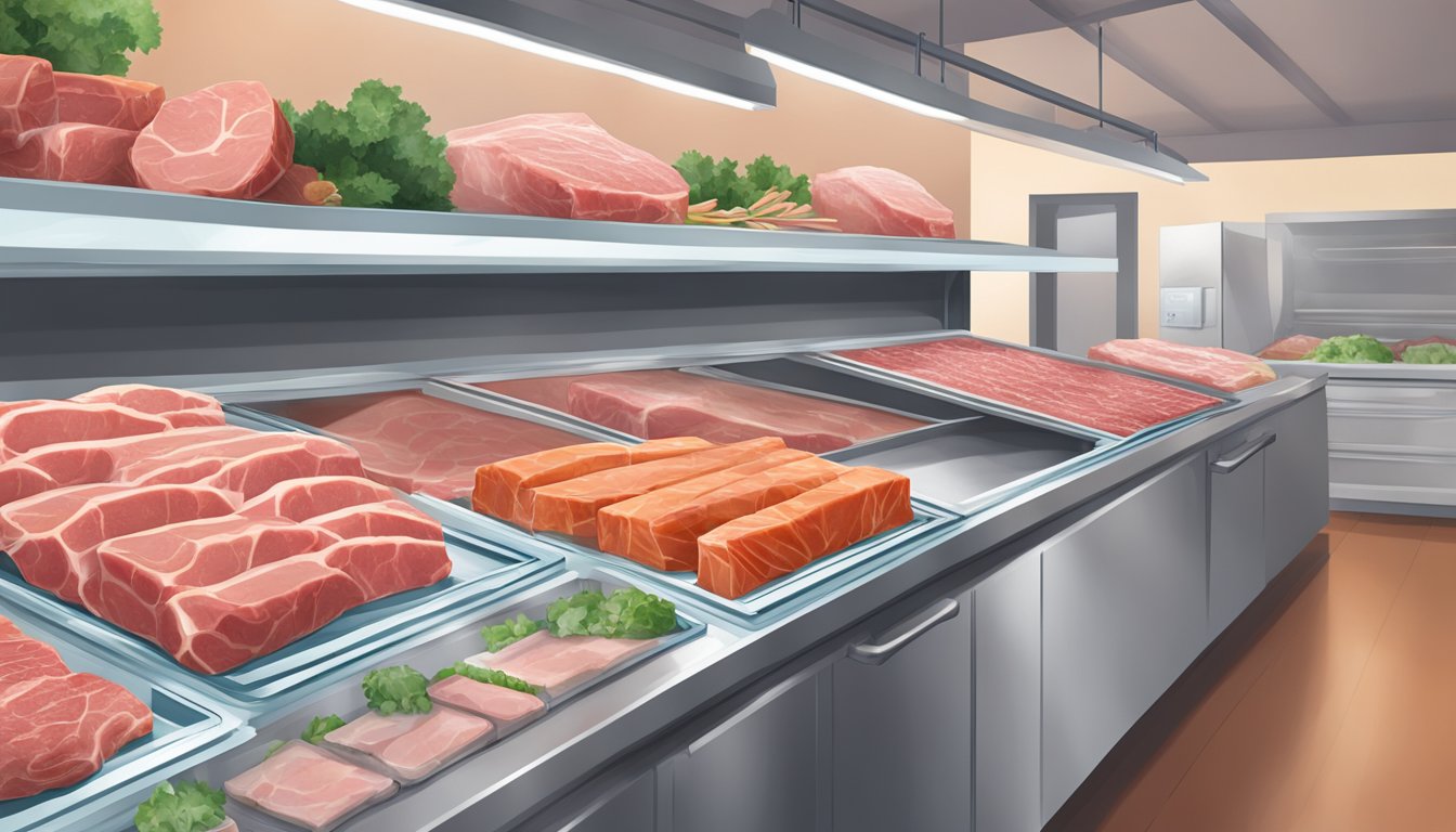 A split screen showing a freezer full of packaged frozen meat on one side and a kitchen counter with fresh cuts of meat on the other