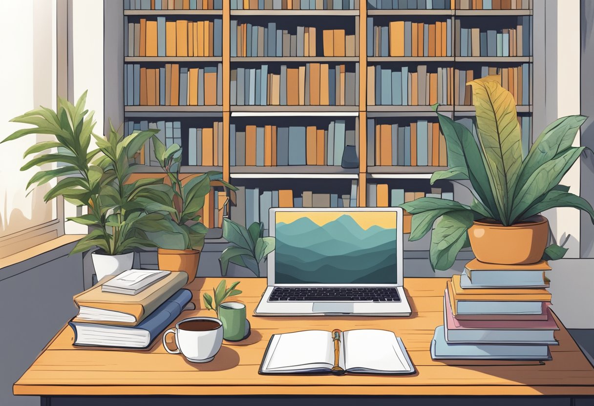 A cozy desk with a potted plant, a journal, and a cup of tea, surrounded by shelves of books on habit formation and personal growth