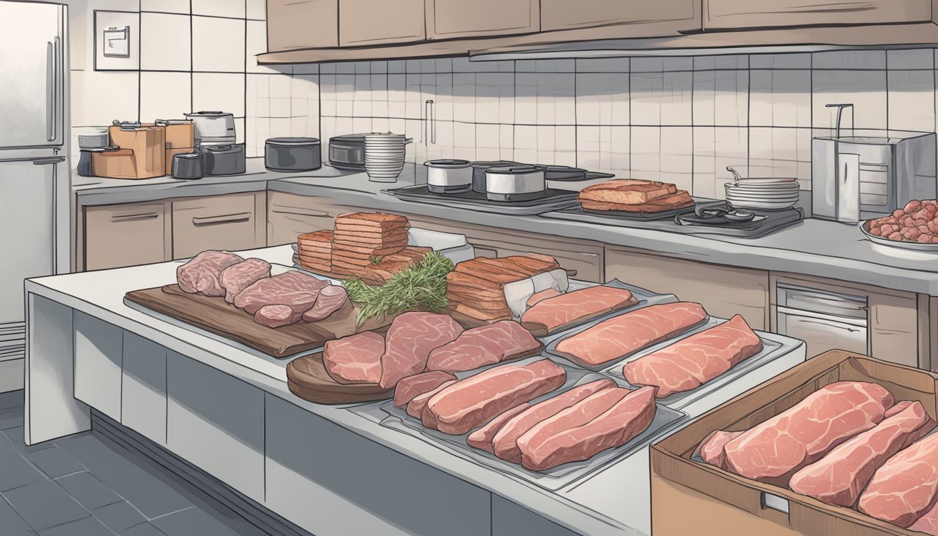 A kitchen counter with a package of frozen meat next to a pile of fresh meat, with Reddit comments debating taste, quality, and convenience